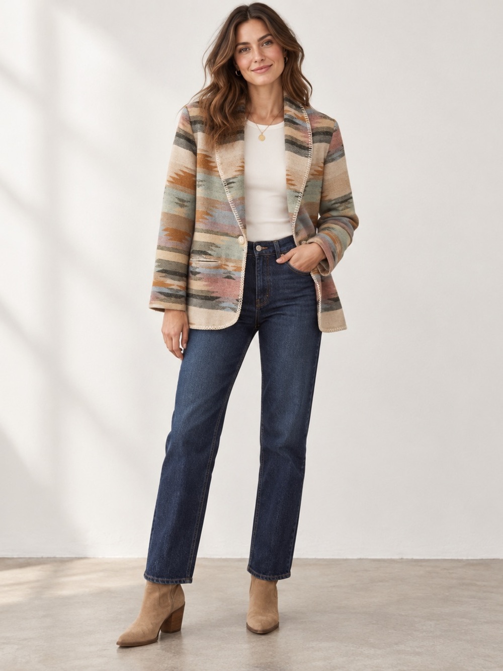 Petite Sophisticate Aztec Southwestern Blanket Blazer Wool Blend Jacket USA Made